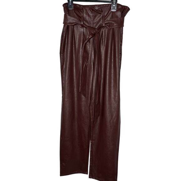 Commando Brown Faux Leather Paperbag Waist Pants NWT Medium Oxblood Color Lined - Picture 3 of 15